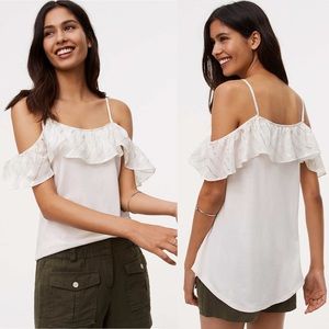 LOFT White Ruffle Gold Shimmer Cold Off Shoulder Party Flowy Chic Top Size XXS